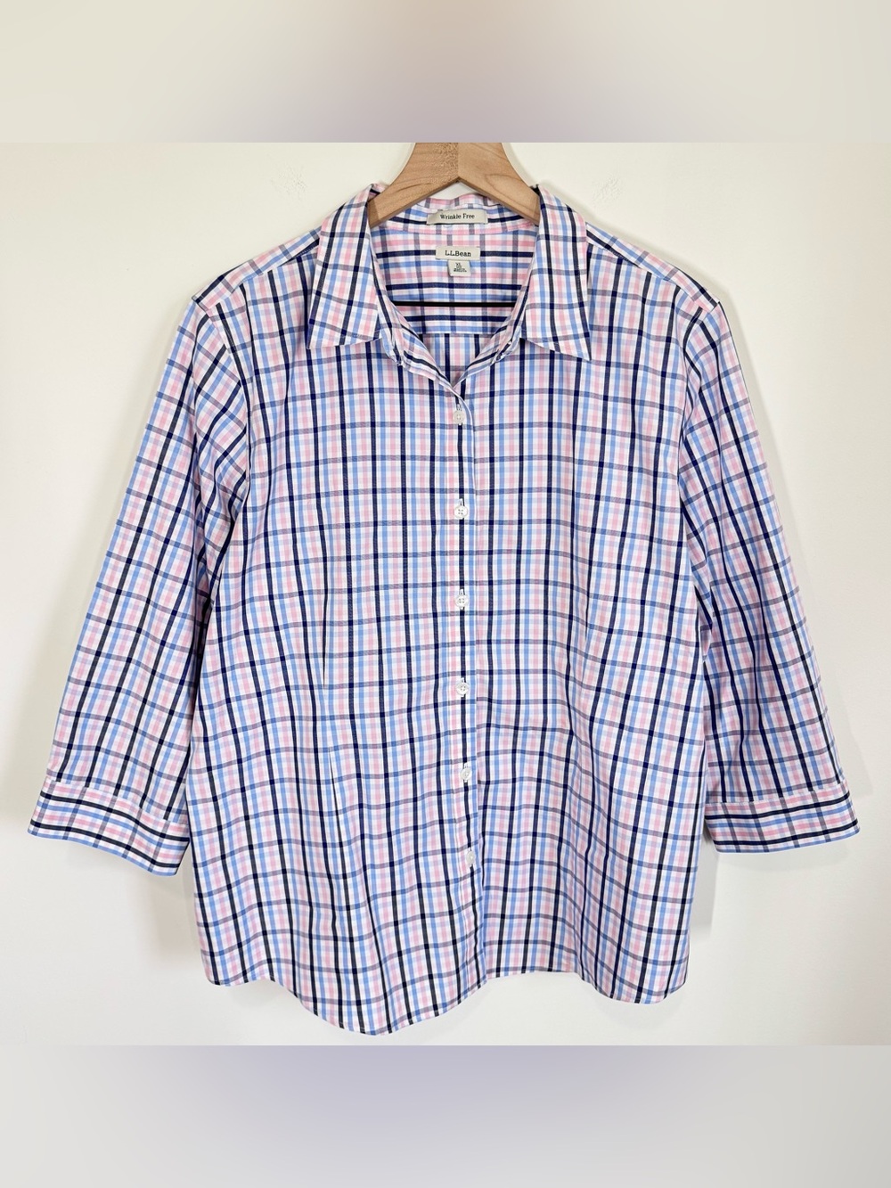 LL Bean Button Up Down Wrinkle Free Shirt Women's XL Plaid 100% Cotton Preppy